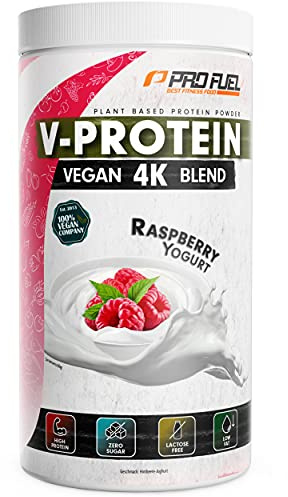 Vegan Protein HIMBEERE YOGHURT - V-Protein 4K Blend | Unglaublich lecker & cremig | 750g | Aus Sonnenblumen, Soja, Hanfsamen & Kürbiskernen | Pflanzliches Eiweißpulver mit 79% Eiweiß