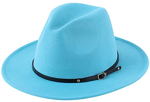 Lanzom Womens Classic Wide Brim Floppy Panama Hat Belt Buckle Wool Fedora Hat