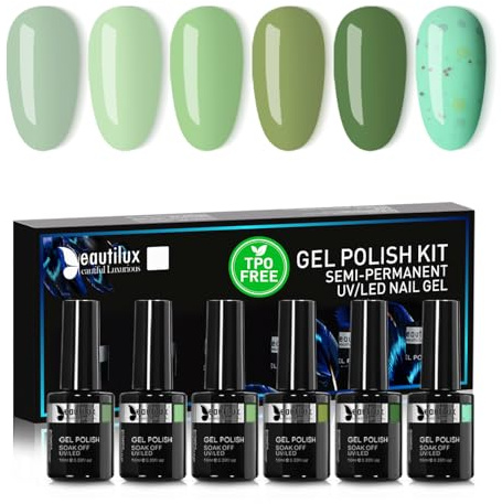 Beautilux Gel Nagellack Semipermanent TPO&HEMA Frei, 6 Farben 10ml Soak Off Hellgrün Gel Nagellack Set Grün für Home-Maniküre Nail Art Maniküre (Hellgrün Serie)