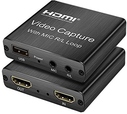 Capture Card, 4K USB 2.0 Video Capture Card USB 2.0 HDMI Video Grabber Record Box mit Mikrofon Loop R/L für PS4 Spiel DVD Aufnahme Live Streaming