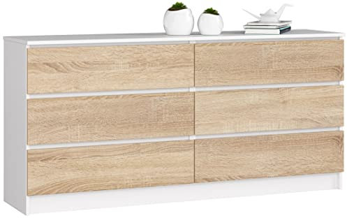 AKORD Kommode K-160 mit 6 (2 x 3) Schubladen | für das Wohnzimmer Schlafzimmer Schrank Büro Arbeitszimmer | Modernes Funktionales Design | B160 x H77 x T40 cm, Gewicht 70 kg | Weiß/Sonoma-Eiche