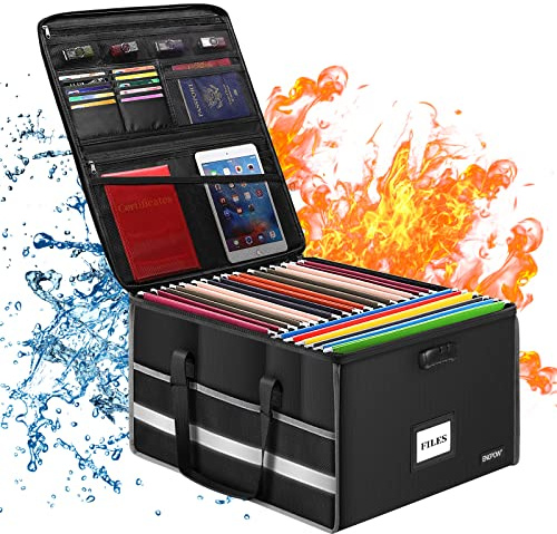 ENGPOW Collapsible Fireproof Document Box - Large File Storage Organizer with Inserts and Mesh Pockets, Hangs Both Letter and Legal Folders
