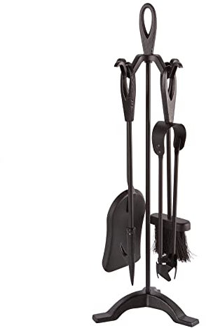 Hammer & Tongs Slindon 5 Piece Fireside Companion Set - Black Iron Fireplace Tool Set with Brush, Poker, Shovel, Tongs and Stand - Durable Traditional Hearth Accessories for Log Burners
