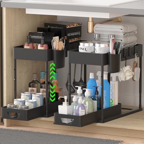 HI NINGER 2Pack 2 Tier Küchen Organizer Set,Unter Waschbecken Regal Schubladen-Organizer Anhebbares Waschbecken Regal mit 8 Haken,16rutschfeste Pads&2 Hängebecher Spülschrankregal Küche Organizer