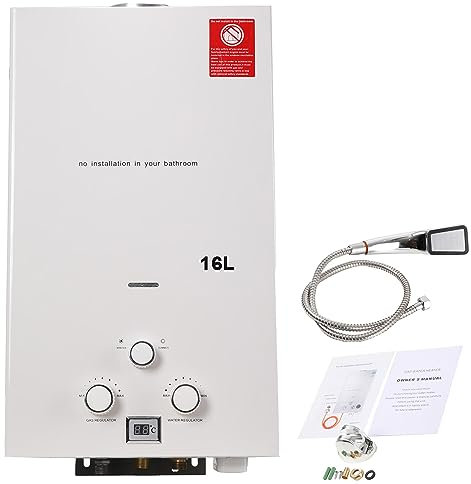 CDZHLTG Chauffe-eau à Gaz, Chauffe-eau à Gaz Instantané 32KW GPL,16 Litres Chauffe Eau Gaz Propane Usage Familial, Avec Kit de Douche (Blanc)