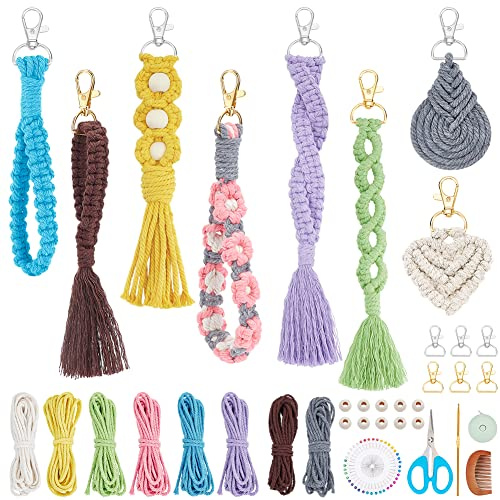 INFUNLY Lot de 8 kits de porte-clés en macramé pour adultes,Kit de nouage coloré, téléphone, portefeuille
