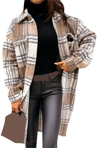 EFOFEI Damen Baggy Lapel Button Shackets Tartan Wintermantel Classic Long Plaid Shirt Tweed Long Jackets Vintage Plaid Shirt Grau Braun XS