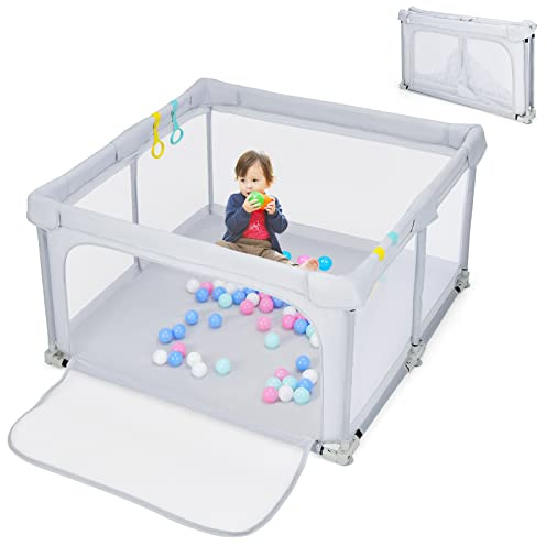 GOPLUS Baby Laufstall 124 x 124cm, Laufgitter mit 50 Bälle & Ringe & & Tür, Laufgitterzelt mit Atmungsaktivem Netz & Reißverschluss, Krabbelgitter für Kinder von 10 Monaten bis 6 Jahren (Hellgrau)