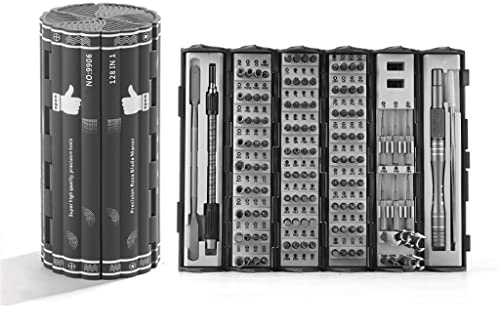 Precision Screwdriver Set Cylinder Organizing Case 128pcs in 1 Case S2 Alloy Steel HRC 56 Hardness Bits Space-saving Roll-up Case Professional Toolset Magnetizing Bit Heads for most sizes (9906)