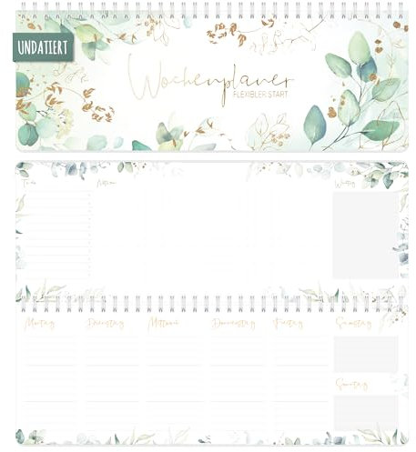 Häfft® Wochen-Tischkalender undatiert Blattgold im Quer-Format zum Aufstellen - 1 Woche 2 Seiten - Wochenplaner ohne Datum 29,5 x 10,5 cm - nachhaltig & klimafreundlich