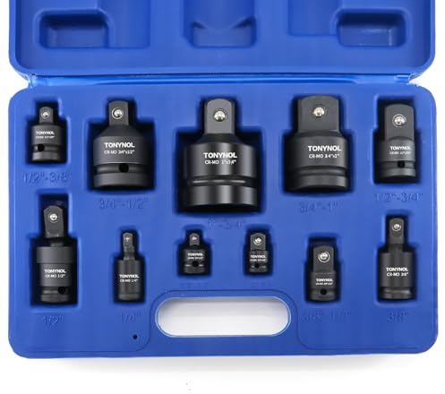 TONYNOL 11pcs Impact Adapter and Reducer Set and Universal Joint Swivel Socket Adapter Set, 1/4 3/8 1/2 3/4 1 Drive Socket Adapter Set, Cr-Mo Steel,With a Storage Case.
