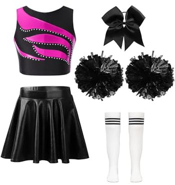 Nyeemya Mädchen Cheerleading Kostüm Cheer Leader Outfit Ärmellos Top und Rock mit Pompons Socken Haarzubehör Halloween Kostüm EIN heißes Pink und Weiß 146-152