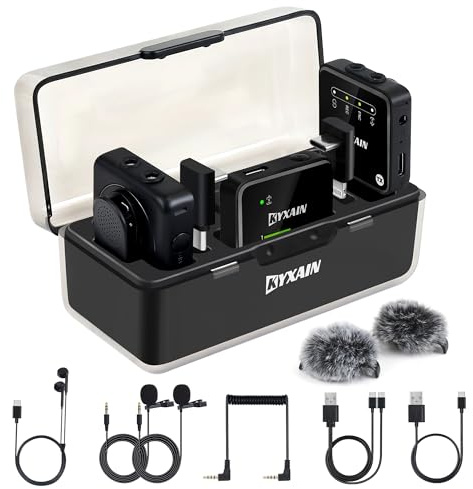 Wireless Lavalier Microphones with Noise Cancellation, 328ft Transmission, 30H Working Time with Charging Case, Wireless Lapel Microphone System for Living Streaming iPhone Android DSLR Camera PC