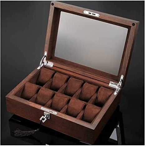LXMBHAM Uhrenrolle, Uhrengehäuse, Uhrenständer, Uhrenbox, Massivholz-Uhrenbox, 10 Fächer, hölzerne Schmuckschatulle mit Schlüssel und Glasplatte, Schmuckaufbewahrung, Organizer, Ausstellungsbox,