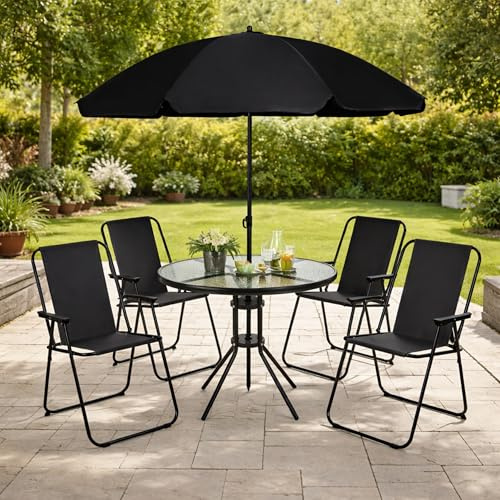 4 Seater Patio Dining Set with Parasol, Glass Table & Foldable Chairs
