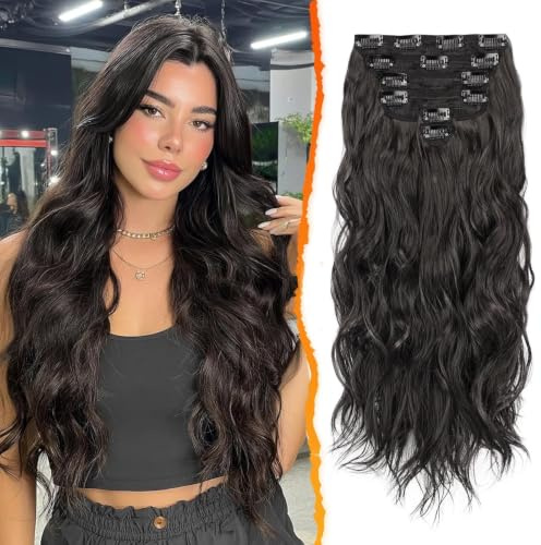 BARSDAR Clip in Haarverlängerung Für Damen, 50CM Lang Wellig Schwarz Braun Haarextension Clip in 6PCs Voller Kopf Dickes Synthetisches Haarteil Halloween (Schwarz Braun)