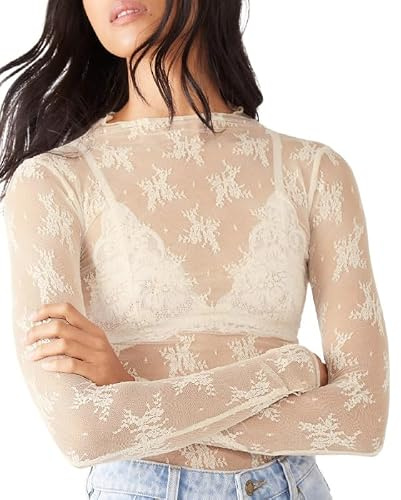 Dam Mesh Top Långärmad Blommig Spetströja Y2K Mesh Tee Blus Genomskinligt Skir Skiktning Toppar, 4, XL