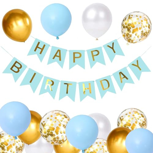 Macaron Luftballons Geburtstag Dekoration Set, Macaron Blau Golden Geburtstagsdeko Happy Birthday deko Banner Party Deko Geburtstag Set mit Luftballons für Mädchen junge Dekorationen（BL)