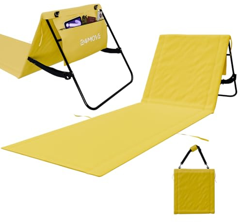24MOVE Strandmatte Natal faltbar mit Rückenlehne, gelb, 180 x 54 cm | Klappbare Strandliege mit verstellbarer Rückenlehne, 120 x 54 cm Liegefläche, Tragegurt und praktischer Reißverschlusstasche