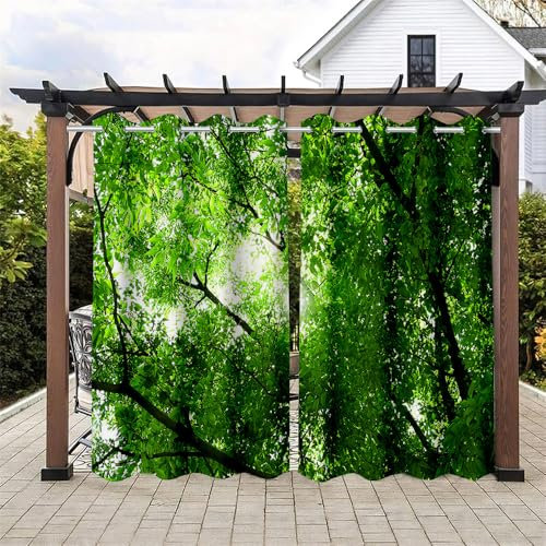 Hiseng Outdoor Vorhang Wetterfest mit Ösen 2 Stück Balkon Outdoorvorhänge Wasserdicht Blickdicht Vorhang Outdoor Sichtschutz Vorhänge für Garten Terrasse -3D Wald (137x243cm,Baum)