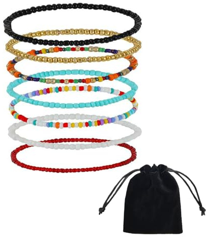 DHWEKU 7 Stück Damen Fußkettchen, Handgemachte Bunte Perlen Fusskette Boho Verstellbares Geschichtetes Wasserfestes Elastische Fußschmuck Set für Frauen Mädchen