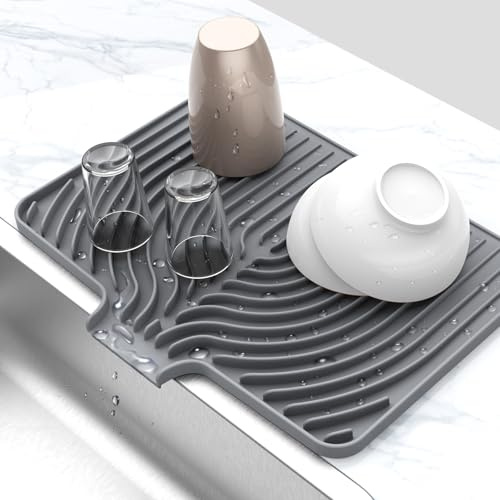 Silicone Drying Mat for Kitchen Counter , Dish Drying Rack Matt with Built in Drain, 18 Inch Dry Mats for Dishes Drying Pad for Kitchen Counter (18×12inch, gray)