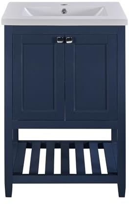 Billg Waschbeck mit Unterschrank 60cm, Modern Badmöbel Set, Keramik Waschtisch und Badezimmerschrank, Waschtischunterschrank mit Aufbewahrungsschränke und Regale, Massivholz+MDF