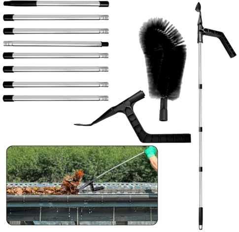 MINICIRCLES Telescopic Gutter Cleaning Tools 2-in-1 Gutter Cleaner 4-8-Section Pole with Detachable Brush and Shovel for Cleaning Leaves Debris Spider Webs from Roofs (8 Poles)