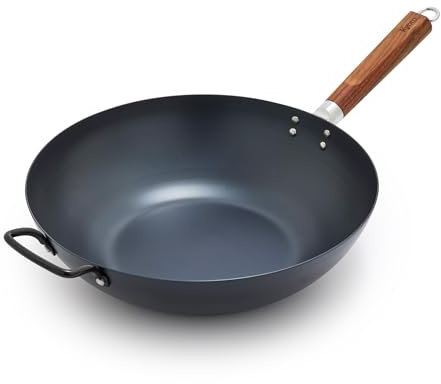 GreenPan Carbon Steel Wok 14”, Flat Bottom, Durable Stir-Fry Pan, Pre-Seasoned Ready to Use, High Heat Retention, Induction, Ash Wood Handle, Kyoto, Black