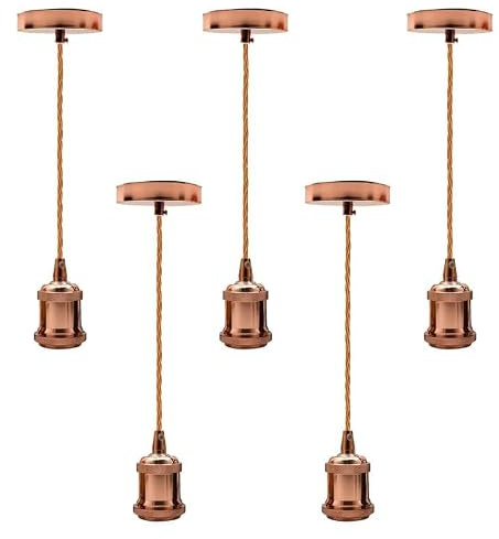 Metal E27 Pendant Light Fitting Modern Industrial Lamp Holder | with Lock Ring 95cm Braided Flexible Cable Rose gold, 5 Pack