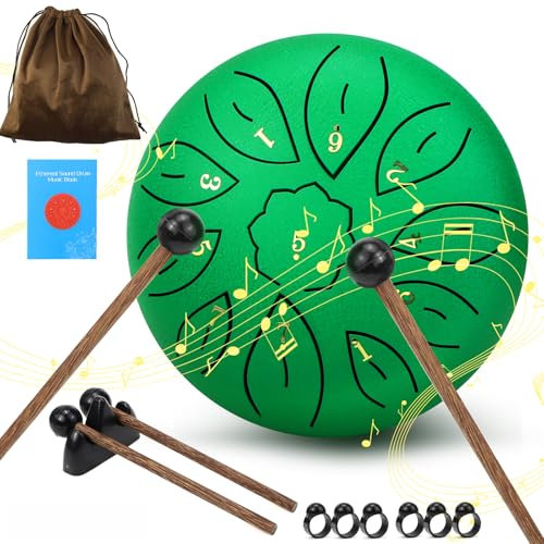 Zungentrommel Steel Tongue Drum 11 Töne Handpan Instrument Stahlzungentrommel Mini Pan Drum Percussion 6 Zoll Stahlzungen mit Schlägeln für Meditation Yoga (Grün)