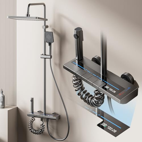Julymoda Colonna Doccia 4 Funzioni Raccordi Doccia Aerospace Materiale Alluminio Colonna Doccia con Barra Doccia Regolabile 72-113cm per Bagno Doccia-Grigio Scuro