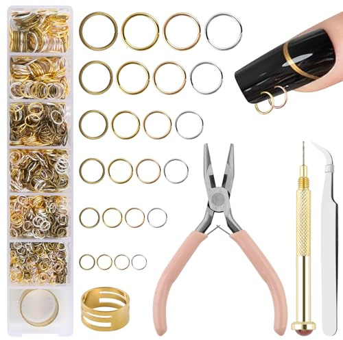 EBANKU 1014Pcs Nail Art Dangle Charms Piercing Tool Hand Drill, 6 tailles | Open Jump Rings pour la fabrication de bijoux avec Jump Ring Opener, bagues de bijoux à ongles avec pinces et pinces(