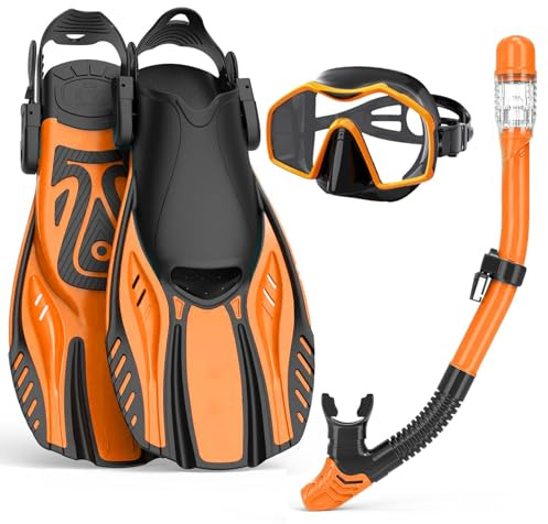 Schnorchel-Set für Erwachsene mit Flossen, Schnorchelmaske mit verstellbaren Schwimmflossen, Trockenschnorchel, Panoramablick, Schwimmbrille, Schnorchelpakete, Schnorchelausrüstung zum Schnorcheln