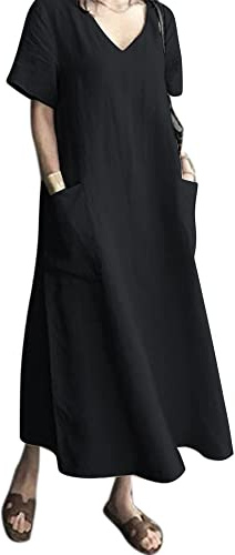 Kvruhuiy Women's Casual Dresses Summer Linen Dress Short Sleeve V Neck A Line Cotton Maxi Sundress Black L