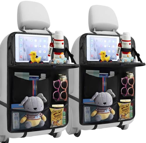 TCJJ Car Seat Organiser Car Back Seat Kick Protector With Food Tray Touch Screen Tablet Holder Mats Waterproof Kids Toy Storage Pockets, Black/2 Pack