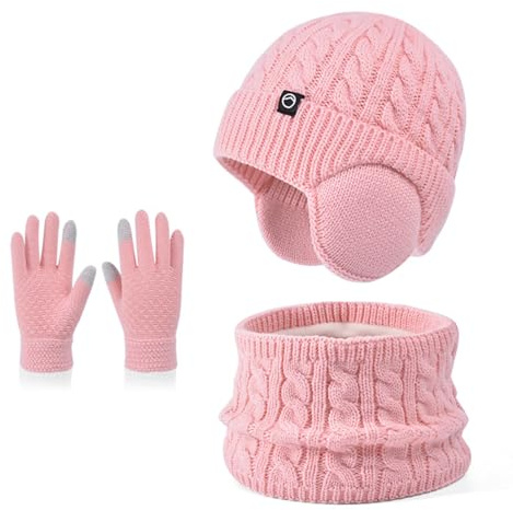 Enwokran Winter Mütze Schal Handschuh Sets Mädchen Strickmütze Warme Mütze Jungen Wintermütze Fleece Winterschal Elastische Beanie Ohrenklappe Hut Schal Touchscreen-Handschuhe Kinder 4-10 Jahre
