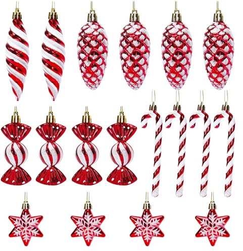 HORDUET 18 Stück Christbaumschmuck Set, Weihnachtskugeln Zuckerstangen Deko Glitzer Weihnachten Deko Rot und Weiß Weihnachtsanhänger Weihnachtsbaum Deko