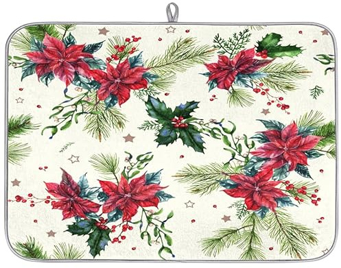 Tapete de microfibra de secado de platos de Navidad, flores, hojas, bayas de acebo, absorbente, escurridor de platos, para cuchara de cocina, plato de vidrio, 18 x 24 pulgadas