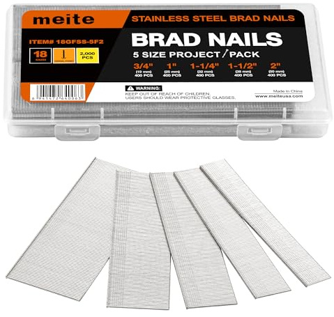 meite Edelstahl Stauchkopfnägel 18GA, 2.000 Stück Sortiment in 5 Größen (19mm, 25mm, 32mm, 38mm, 50mm), Edelstahl 304 Typ 18GA Nägel für Druckluftnagler, Akku-Nagler