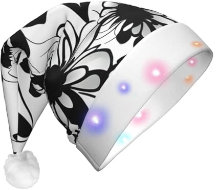 Evengigy Weihnachtsmütze mit schwarz-weißem Blumendruck, LED-Weihnachtsmütze für Erwachsene, Weihnachtsmütze, lustige Weihnachtsmütze für Erwachsene, Unisex, Party