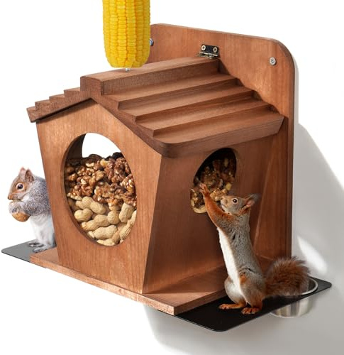 Wood Squirrel Feeder, Durable Hanging Squirrel Boxes for Outside Large Capacity Outdoor Squirrel House for Corn Cobs, Peanuts & Nuts - Funny Feeding Station for Squirrels & Chipmunks