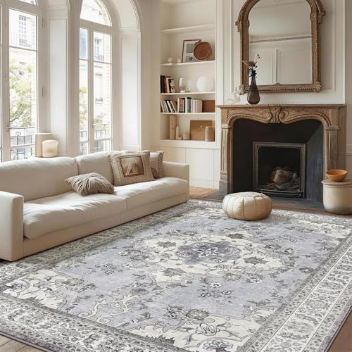 BYBSRLL Groß Vintage Teppich Wohnzimmer 200x300 cm - Weicher, Waschbarer & Rutschfester Kurzflor Teppiche, Orient Teppich Gegend für Esszimmer, Schlafzimmer, Kinderzimmer und Homeoffice, Alt-Cremegrau