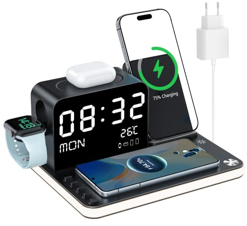 7-in-1 kabelloses Ladegerät mit Uhr, Temperatur & Datum, kompatibel mit iPhone 17/16/15/14/13 Pro Max, AirPods & Apple Watch, kompatibel mit Samsung S25/S24, einstellbares Nachtlicht, 33W-Adapter