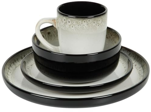 wilko 12 Piece Kyanite Dinner Set, Black and White, Reactive Glaze Finish, Porcelain, Dishwasher and Microwave Safe, Modern Dining