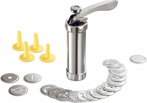 PNJB Biscuit Maker & Cookie Press, Stainless Steel, Multiple Discs and Nozzles, Manual Cookie Press Tool, Tool for Homemade Biscuits, Cookies, Butter Cookies, Spritz, Murukku & Decorative Bakery Treat