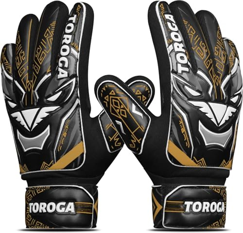 TOROGA Infinity Pro Junior Gants de gardien de but pour enfants - Gants de football avec grip en latex, protection des doigts et double sangle de poignet - Pour garçons et filles - Dorés - 3