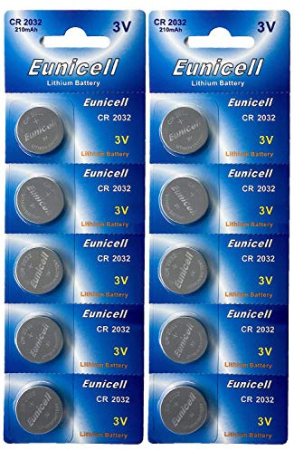eunicell 10 x CR2032 Batteria a bottone al litio, 3V, 210 mAh (2 confezioni Blister con 5 Batterie) CR-2032, DL2032, ECR2032, L14, 5004LC, EA-2032C