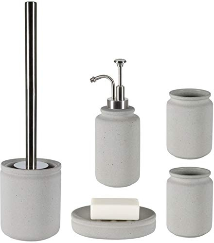 Spirella Badezimmer Set, 5-teiliges Badzubehör aus Keramik Cement Seifenspender, WC Bürste, Seifenschale, Aufbewahrungsdose und Zahnputzbecher Grau