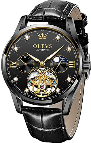 OLEVS Mens Leather Watches Automatic Mechanical Skeleton Tourbillon Diamond Luxury Self Winding Dress Wrist Watches Moon Phase Waterproof Luminous, All Black, Luxury